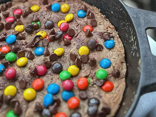 M&M and Chocolate Chip Skillet Cookie - Chicken Fried Kitchen