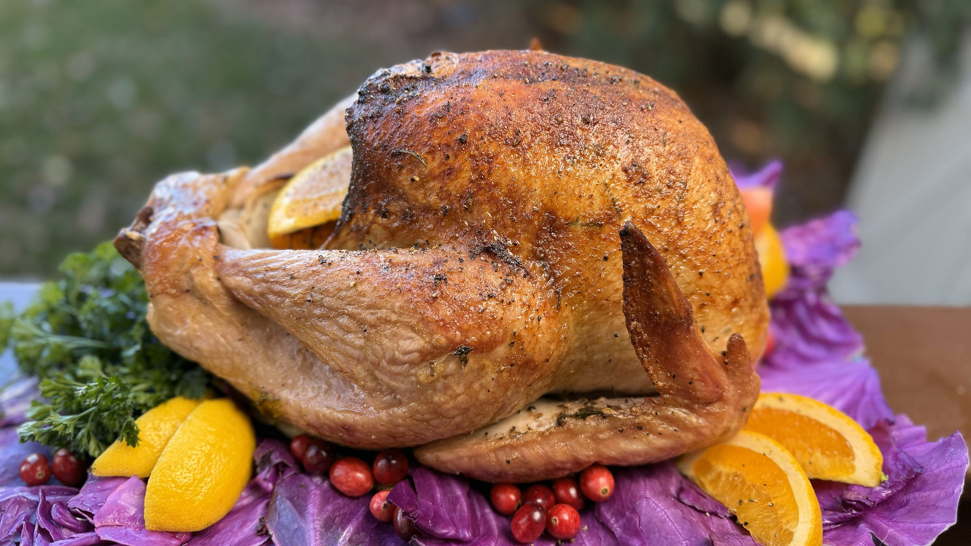 Golden smoked turkey with crispy, flavorful skin for Thanksgiving